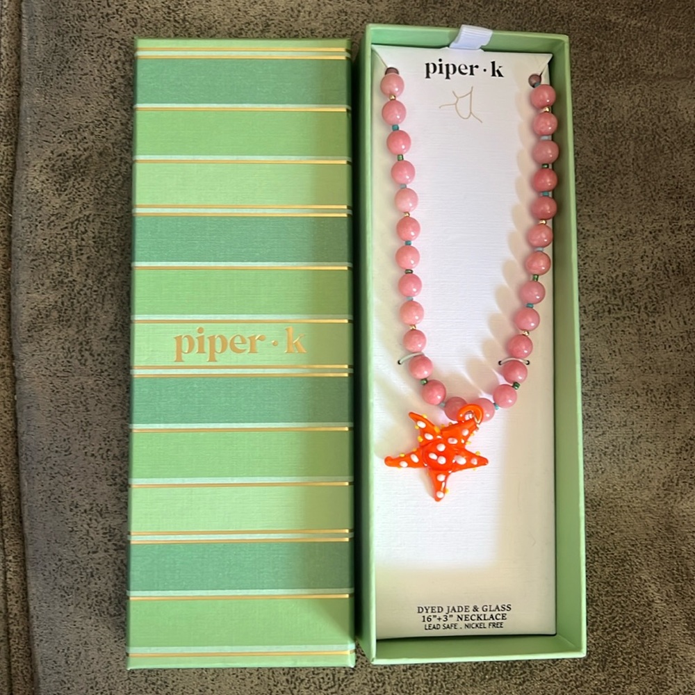NIP Piper K  Pink Glass Stones Orange Starfish Dyed Jade & Glass 16" Necklace